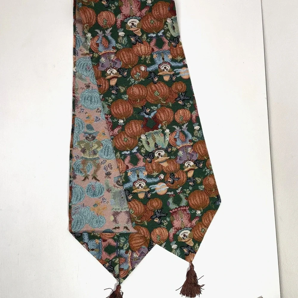 Vintage Autumn Table Runner Fall Decor Pumpkin Scarecrow Brown Tassels 71 Inch